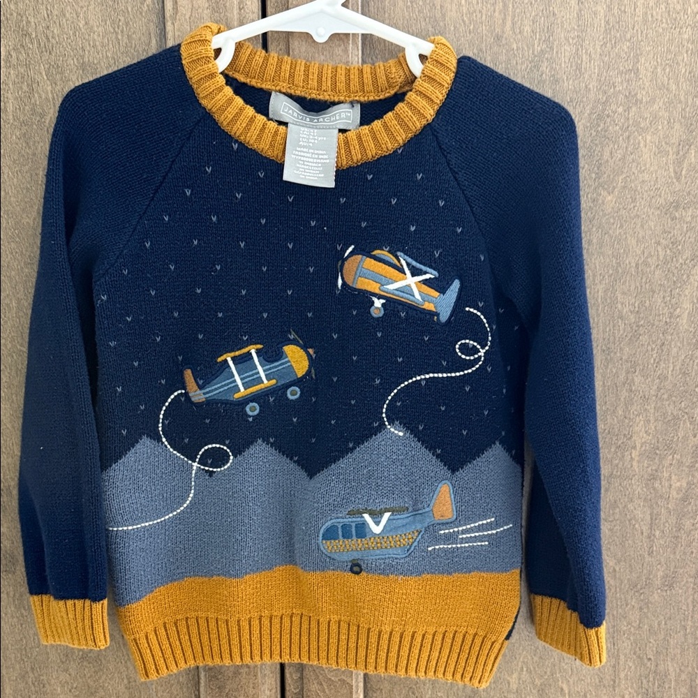 Kids Airplane Sweater - Navy and Mustard, Jarvis Archer 4T